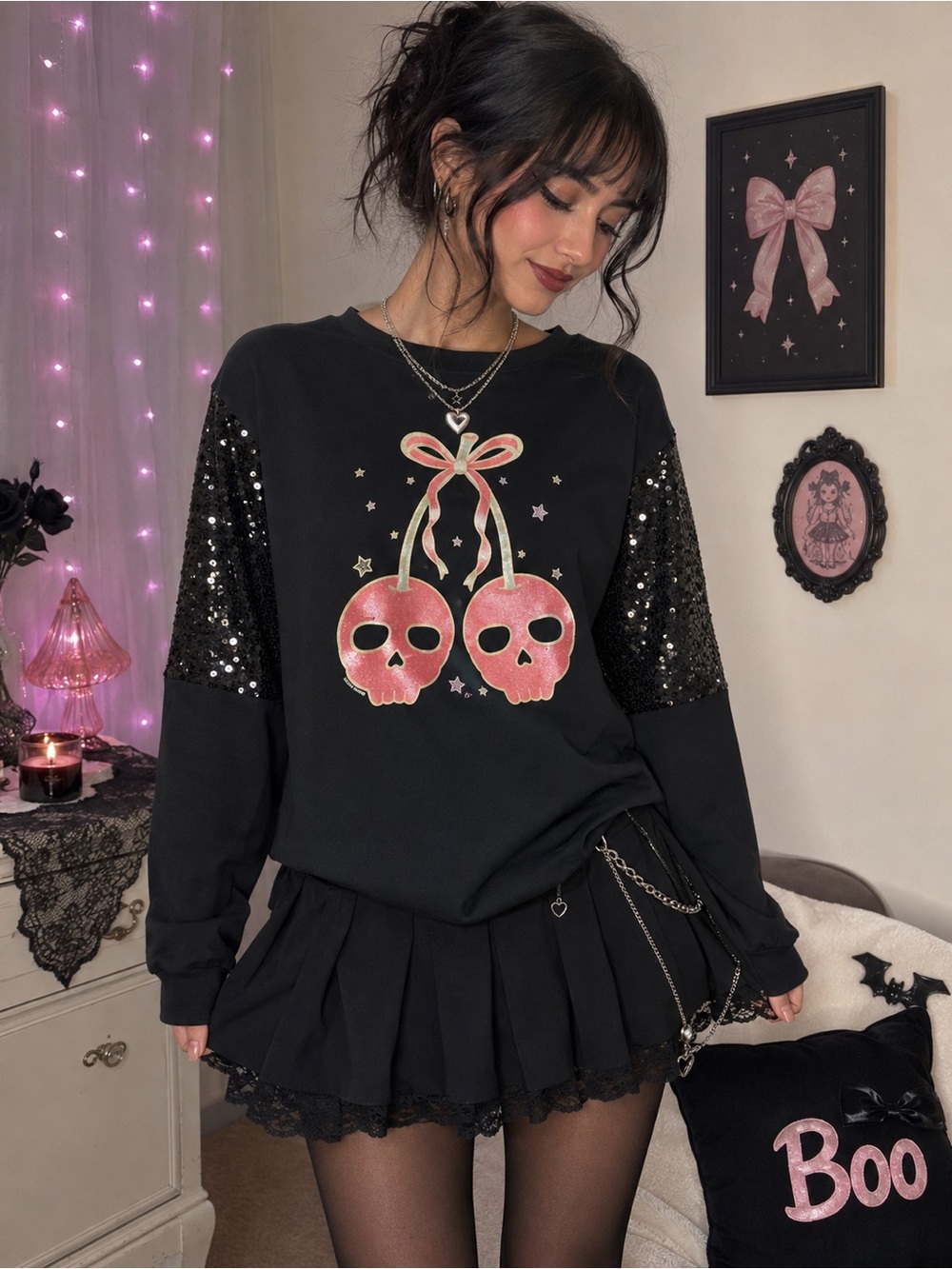 Grace & Emma Cherry Skull Sequin Sleeve Sweatshirt Goth Coquette Y2K M